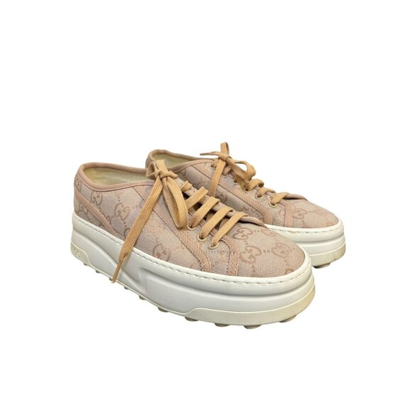 Gucci Blush GG Canvas Platform Sneakers Ivory Sole Lace-Up Size 37/7 - Picture 2 of 12